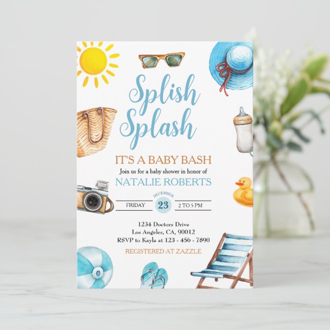 Invitación Splish Splash Blue Beach Summer Boy Baby Shower (Anverso de pie)