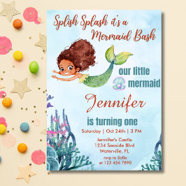 Invitación Splish Splash Brown Mermaid Bash Chica Primer Cump