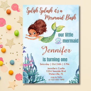Invitación Splish Splash Brown Mermaid Bash Chica Primer Cump