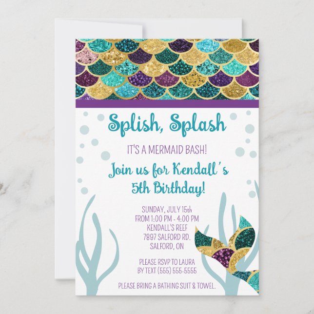 Invitación Splish, Splash, es una fiesta de cumpleaños de Mer (Anverso)