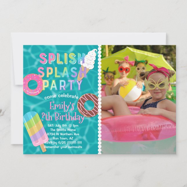 Invitación Splish Splash Fiesta l Piscina Cumpleaños l Postre (Anverso)