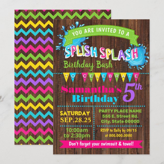 Invitación Splish Splash Hot Pink cumpleaños verano fiesta de (Anverso / Reverso)