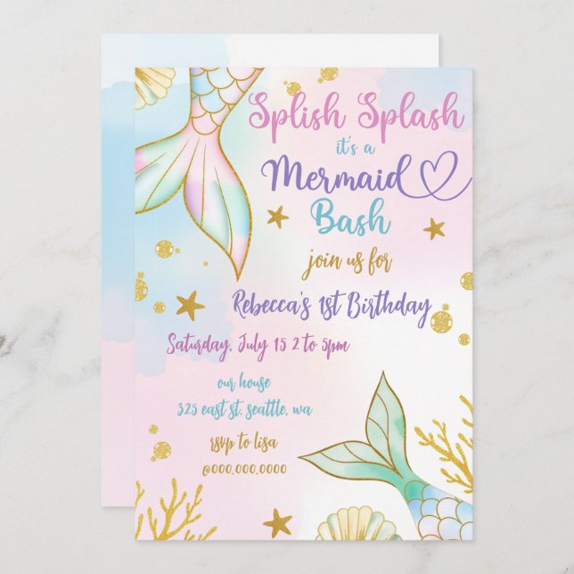Invitación Splish Splash Mermaid Bash Birthday Party (Anverso / Reverso)
