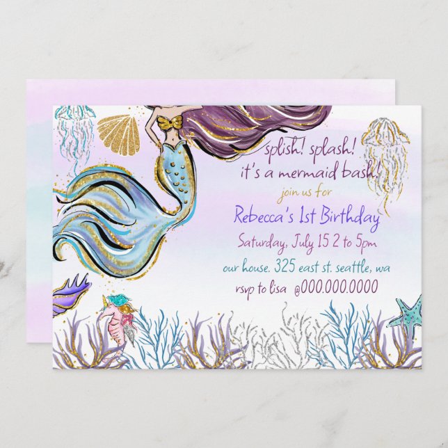Invitación Splish Splash Mermaid Bash Birthday Party (Anverso / Reverso)