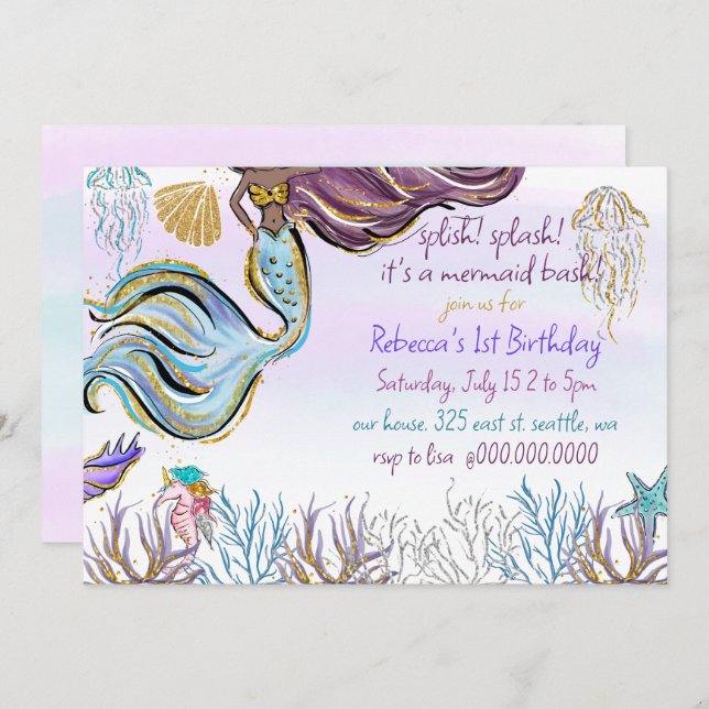 Invitación Splish Splash Mermaid Bash Birthday Party (Anverso / Reverso)