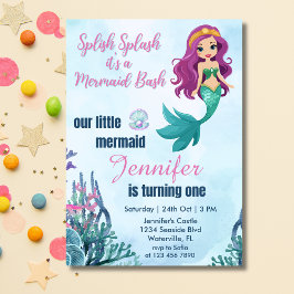 Invitación Splish Splash Mermaid Bash Chicas 1er cumpleaños