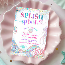 Invitación Splish Splash mermaid bash girl birthday invitatio