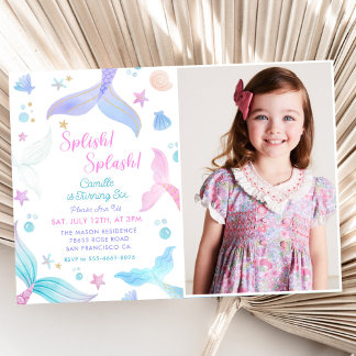 Invitación Splish Splash Mermaid Foto de la fiesta de cumplea