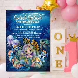 Invitación Splish Splash Mermaid Primera Bash de cumpleaños