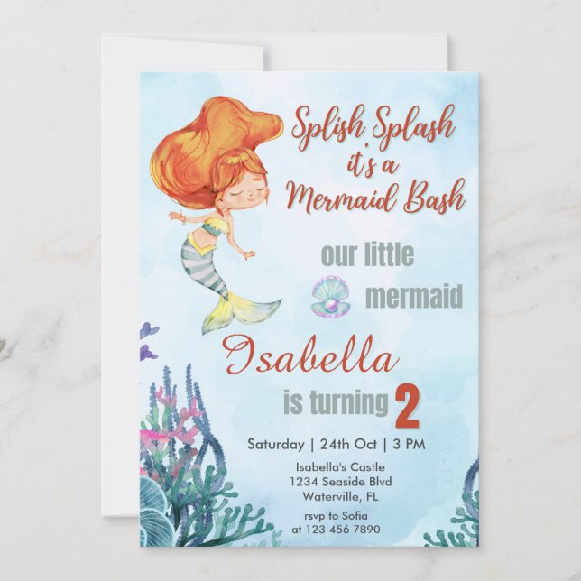 Invitación Splish Splash Orang Mermaid Bash Chica del segundo (Anverso)