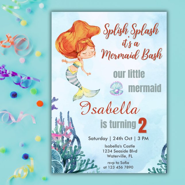 Invitación Splish Splash Orang Mermaid Bash Chica del segundo (Subido por el creador)