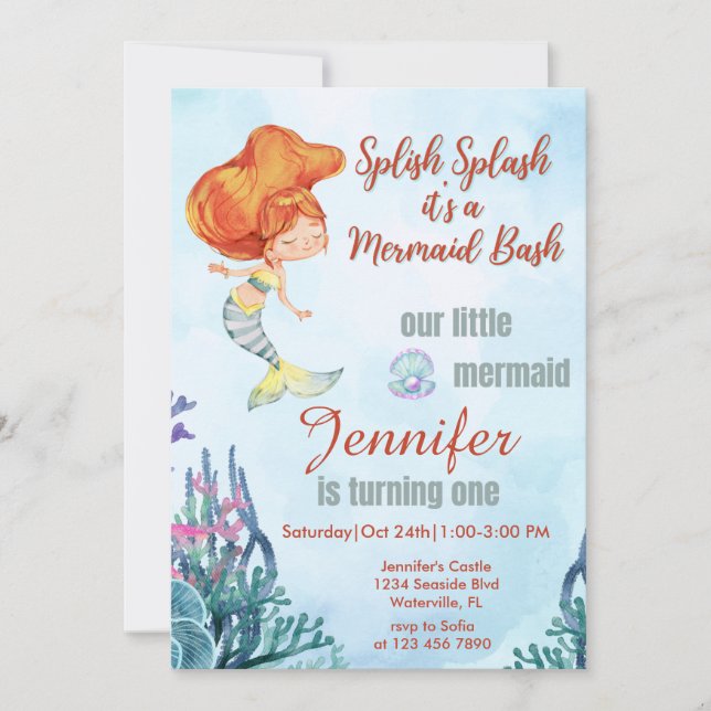 Invitación Splish Splash Orang Mermaid Bash Chica Primer cump (Anverso)