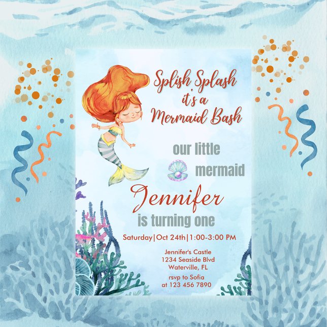 Invitación Splish Splash Orang Mermaid Bash Chica Primer cump (Subido por el creador)