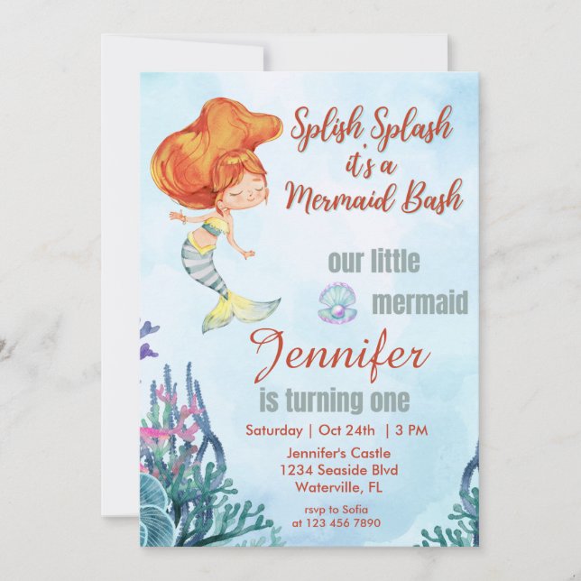 Invitación Splish Splash Orang Mermaid Bash Primer Chica de c (Anverso)