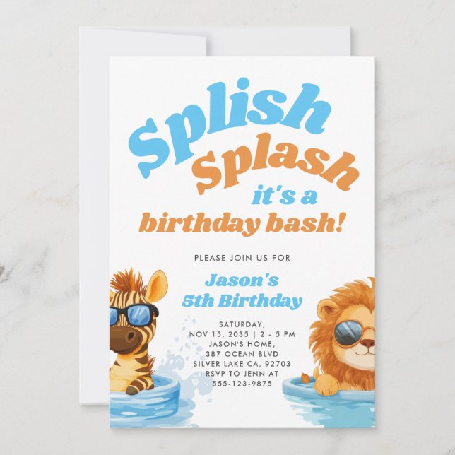 Invitación Splish Splash Pool Fiesta Boy Cumpleaños (Anverso)