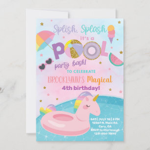 Invitación Splish splash pool fiesta cumpleaños bash, unicorn