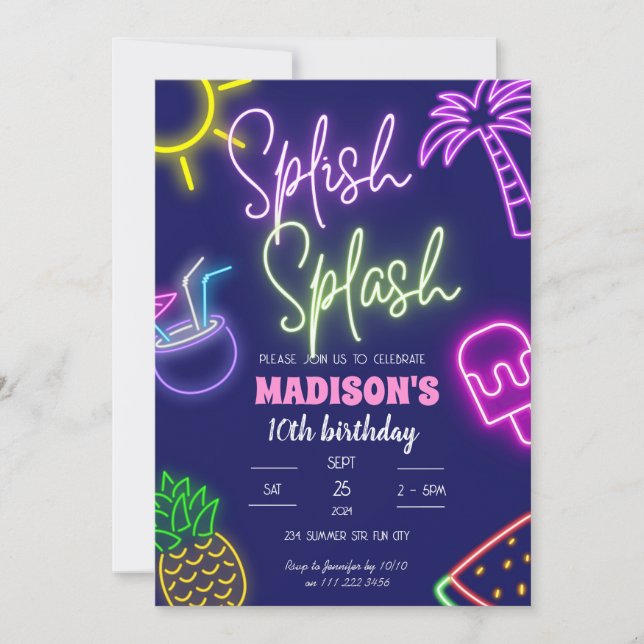 Invitación Splish Splash Pool Fiesta Glow Neon Birday (Anverso)