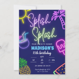 Invitación Splish Splash Pool Fiesta Glow Neon Birday