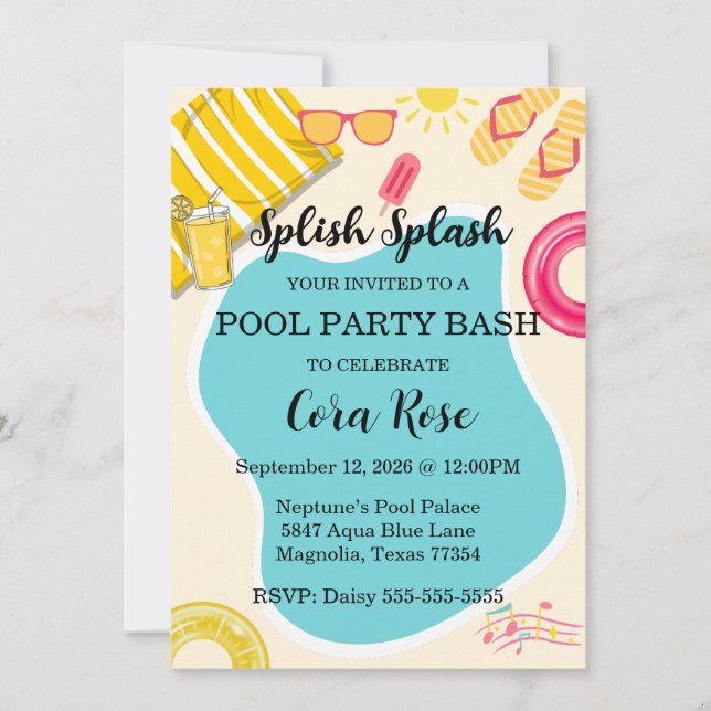 Invitación Splish Splash Pool Party Bash Birthday (Anverso)