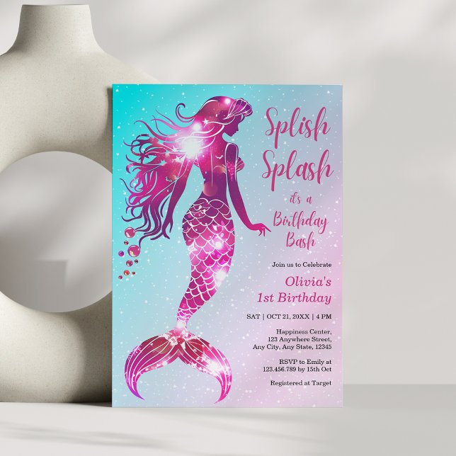 Invitación Splish Splash Sirmaid Baby Girl Primer cumpleaños (Splish Splash Mermaid Baby Girl 1st Birthday Invitation )