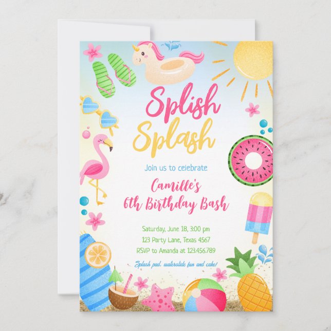 Invitación Splish Splash Summer Chica Cumpleaños (Anverso)
