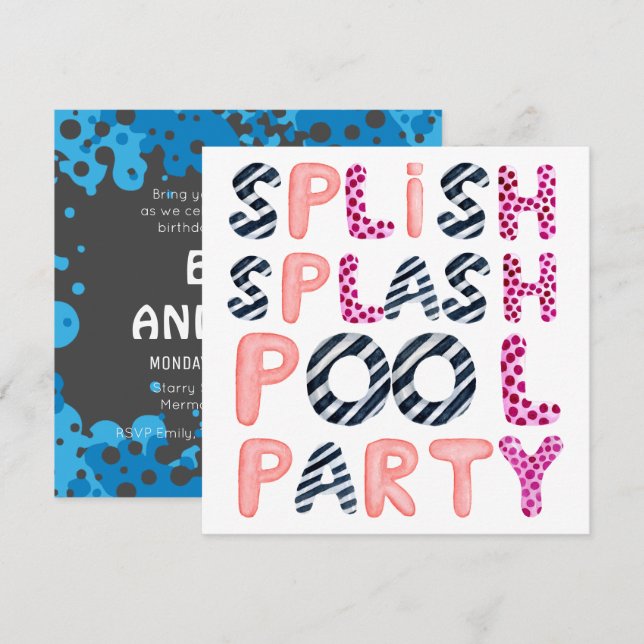 Invitación Splish Splash TEEN POOL FIESTA Pink Black Moderne (Anverso / Reverso)