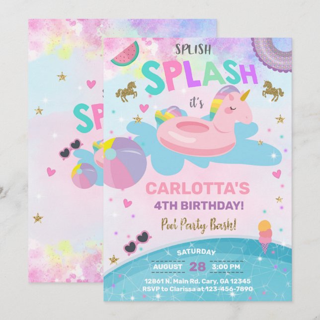 Invitación Splish splash unicorn fiesta de cumpleaños. (Anverso / Reverso)