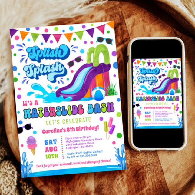Invitación Splish Splash Waterslide Bash Chica Cumpleaños (Splish Splash Waterslide Bash Girl Birthday Invitation)