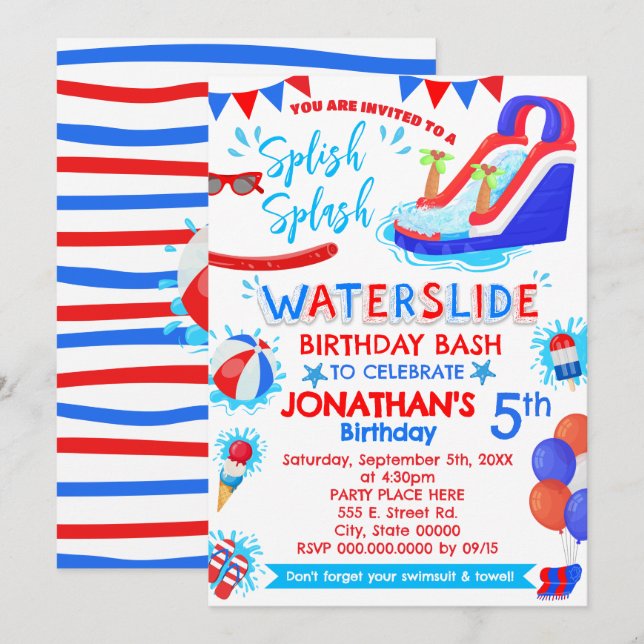 Invitación Splish Splash Waterslide Cumpleaños Azul Blanco Ro (Anverso / Reverso)
