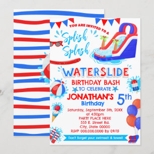 Invitación Splish Splash Waterslide Cumpleaños Azul Blanco Ro