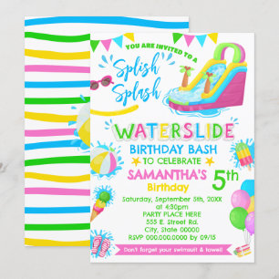 Invitación Splish Splash Waterslide Fiesta de piscina rosa al