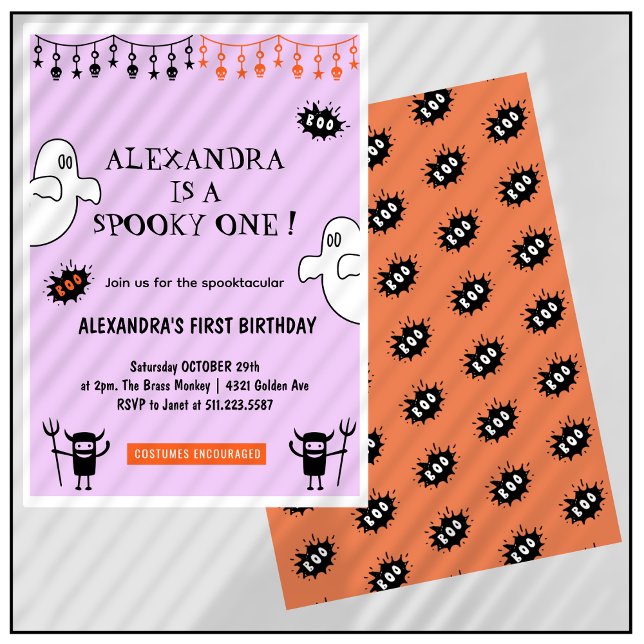 Invitación Spookacular Spooky un primer cumpleaños de Hallowe (Halloween-1st-birthday-Invitation-Spooktacular-Spooky-one-pink-orange-1)
