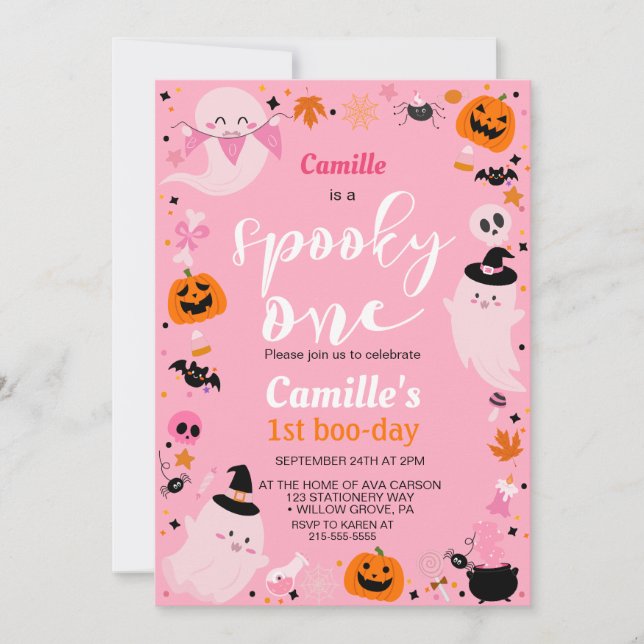 Invitación Spookone Un lindo fantasma cumpleaños de Halloween (Anverso)