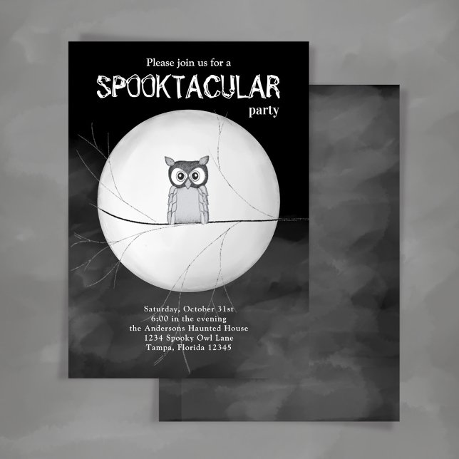 Invitación Spooktacular Black and White Halloween Party (Halloween Spooktacular party invitation with spooky owl)