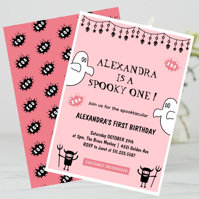 Invitación Spooktacular cumpleaños espeluznante número uno en (Halloween-1st-birthday-Invitation-Spooktacular-Spooky-one-pink-1)