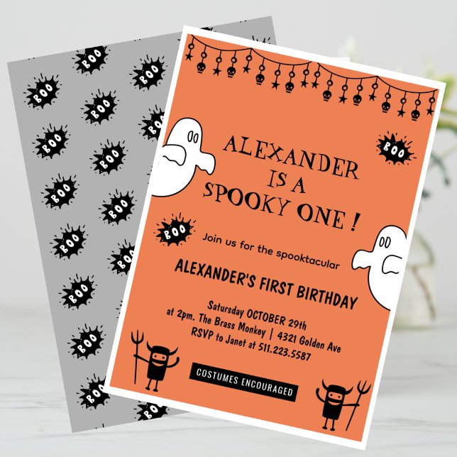 Invitación Spooktacular cumpleaños espeluznante número uno en (Halloween-1st-birthday-Invitation-Spooktacular-Spooky-one-orange-1)