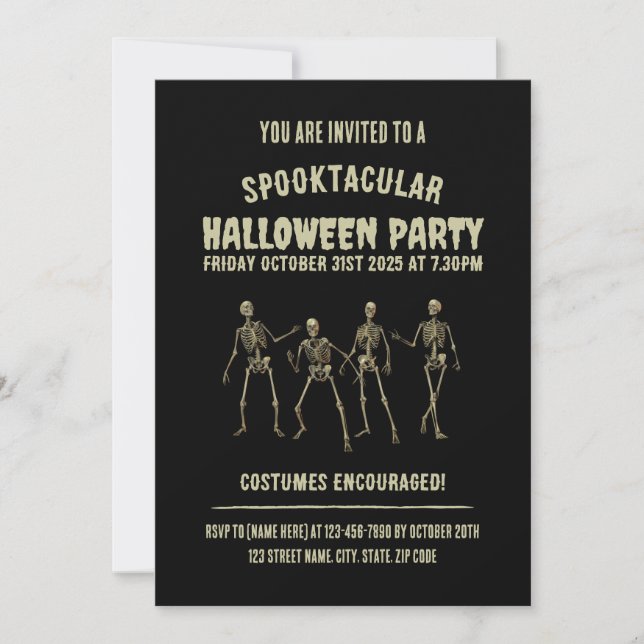 Invitación Spooktacular Halloween Party. Funny Skeletons (Anverso)