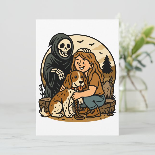 Invitación Spooky Grim Reaper with Girl and Dog Skeleton Art  (Anverso de pie)