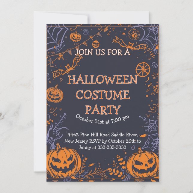 Invitación Spooky Halloween Costume Party Fun Pumpkin & Bat  (Anverso)