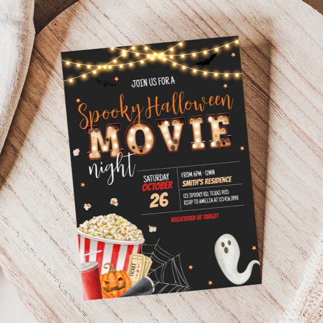 Invitación Spooky Halloween Movie Night Fiesta (Spooky Halloween Scary Movie Night Party Invitation)