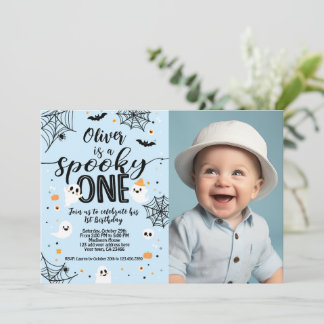 Invitación Spooky One Blue Ghost Halloween Invite with Photo