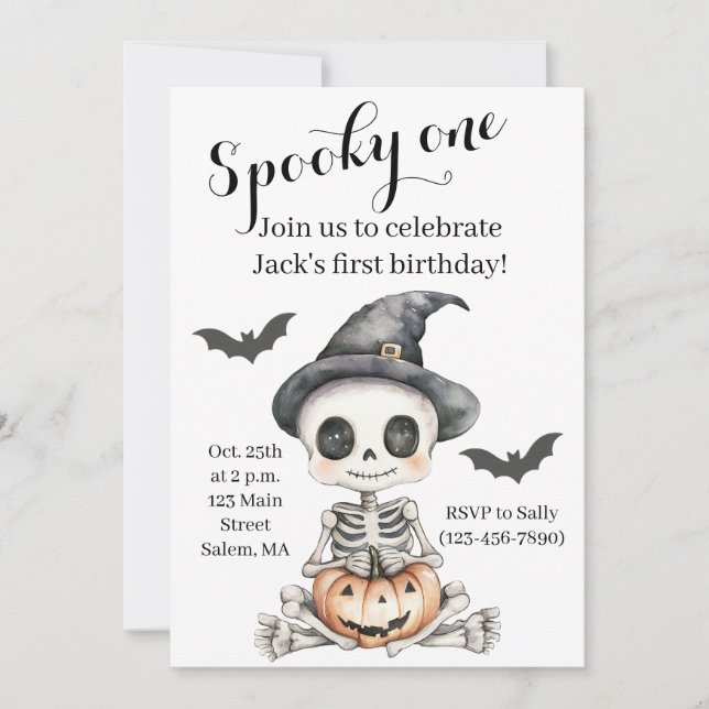 Invitación Spooky One | Cute Skeleton Halloween 1º cumpleaños (Anverso)