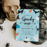 Invitación Spooky One Halloween Birthday Blue<br><div class="desc">Carta de invitación para la fiesta de cumpleaños de un chico con tema de halloween que incluye ilustracion de un fantasma,  gato negro,  araña,  murciélago,  caramelos y calabazas. El texto dice "Spooky One".</div>