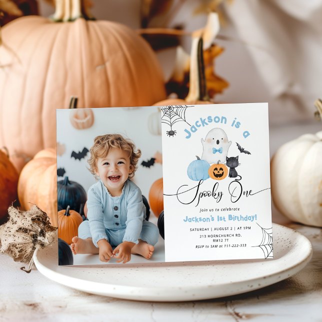 Invitación Spooky One Halloween cumpleaños foto de niño azul (Subido por el creador)