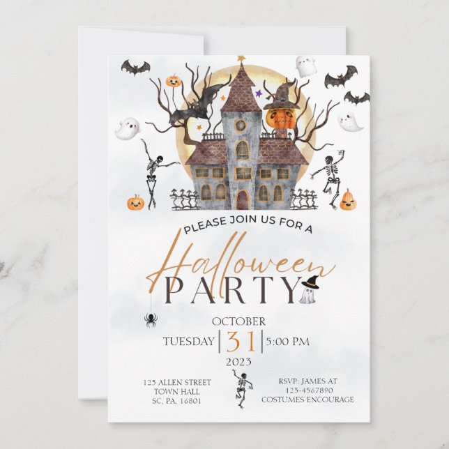 INVITACIÓN SPOOKY SCARY HUNTED HOUSE COSTUME HALLOWEEN PARTY (Anverso)