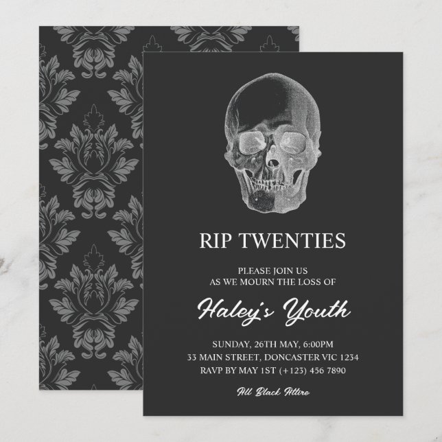 Invitación Spooky Skull RIP 20 años 30 cumpleaños divertidos (Anverso / Reverso)