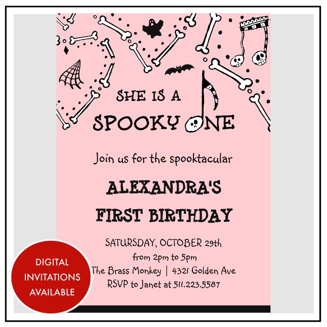 Invitación Spooky Spooktacular Skull Halloween 1º cumpleaños (Halloween-1st-birthday-Invitation-Spooky-Spooktacular-Skull-pink-1)