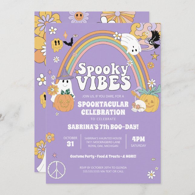 Invitación Spooky Vibes Groovy Ghost Hippe Halloween Cumpleañ (Anverso / Reverso)
