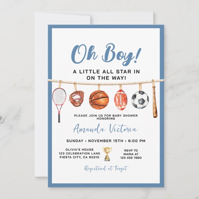 Invitación Sport Boy Ball All Star Themed Party Baby Shower (Anverso)