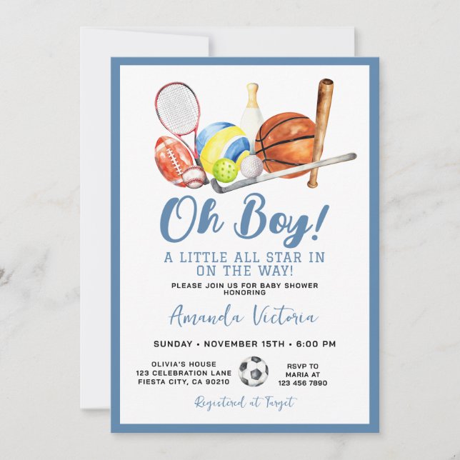 Invitación Sport Boy Ball All Star Themed Party Baby Shower (Anverso)